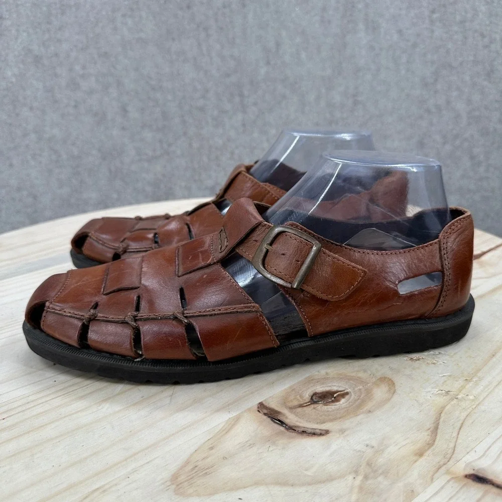 Vintage Fisherman Sandals Mens 8.5 Brown Leather Woven Buckle Strap